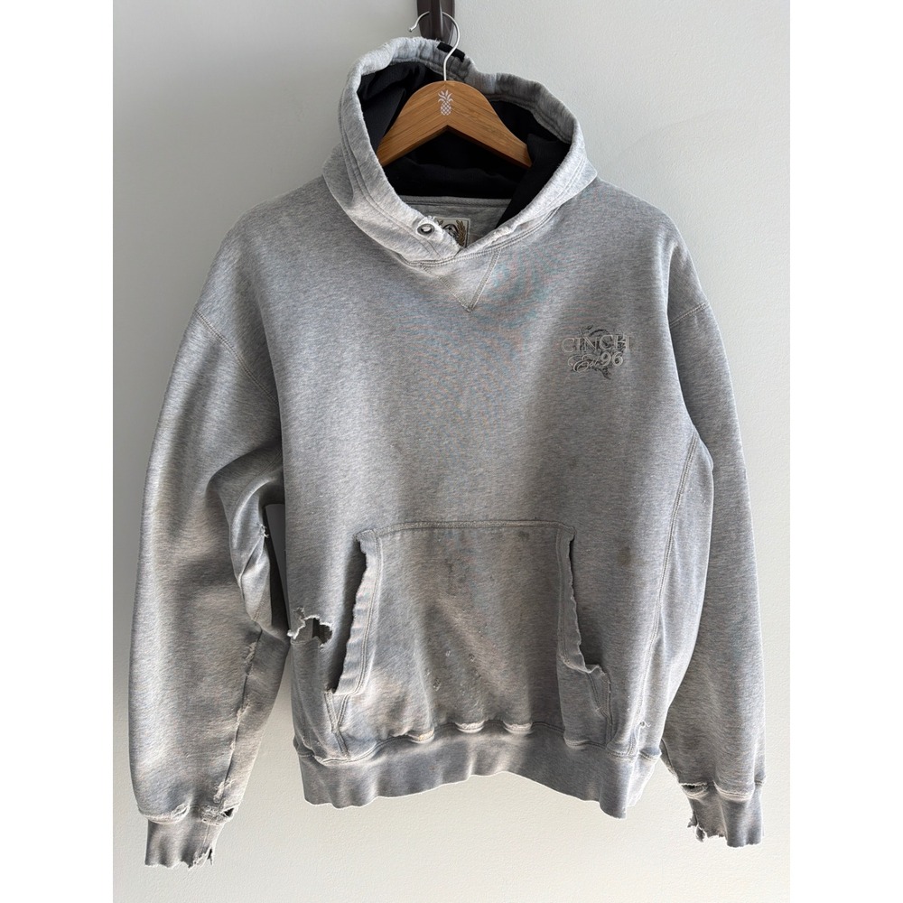 Cinch Jeans Mens Hoodie Gray Distressed Grunge Graphic Pullover Sweatshirt M